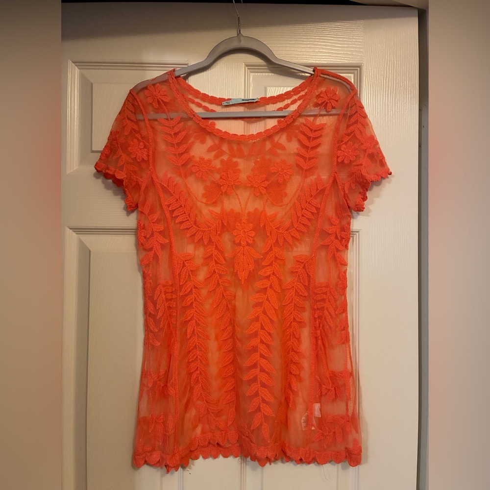 Maurices Vibrant Orange Floral Lace Blouse - Large